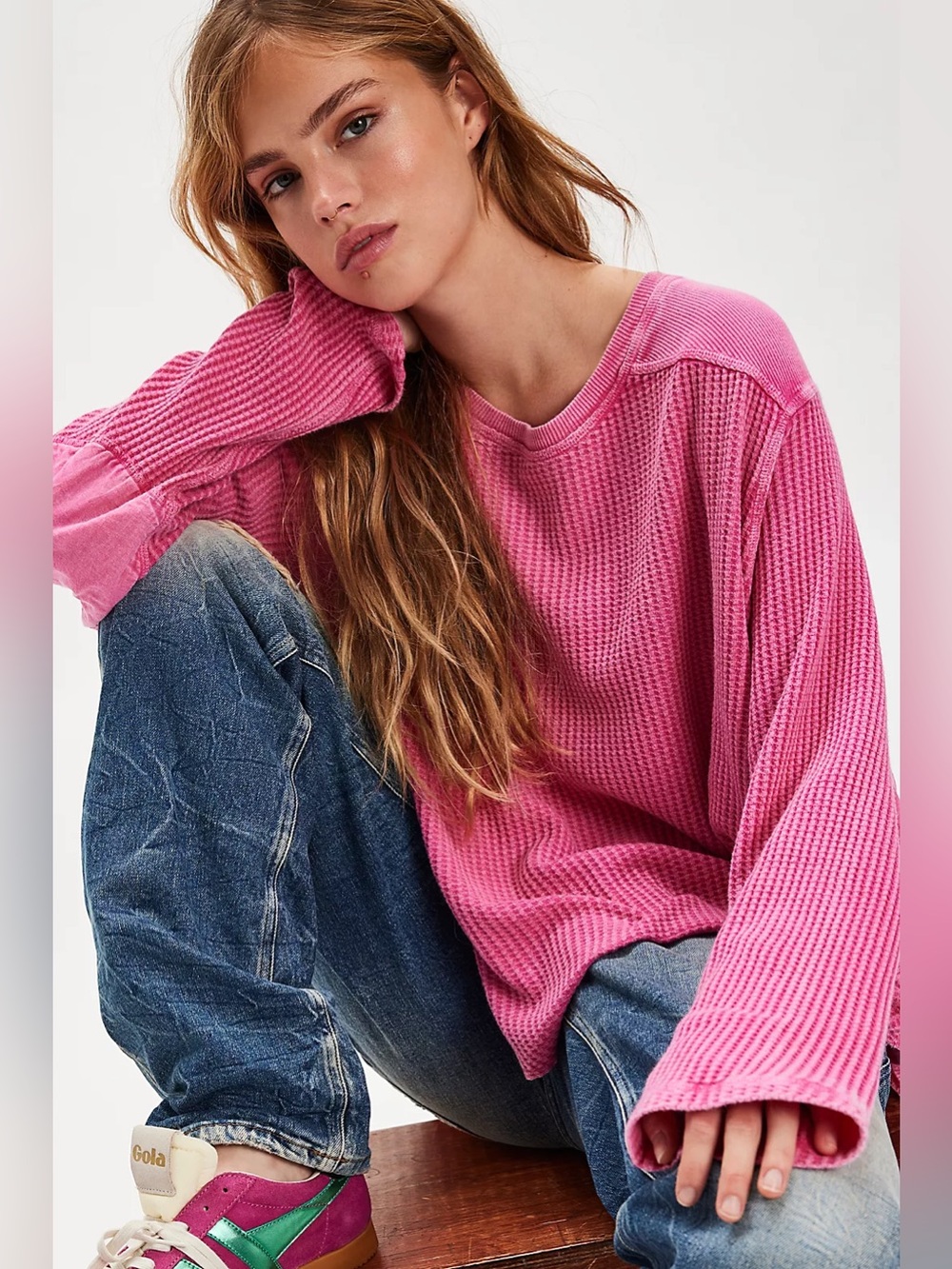 Free People One Blake Thermal Women's Pink Phenom Waffle-Knit Long Sleeve Top